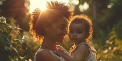 feliz jovem africano americano mãe aguarde dentro mãos bebê. foto