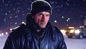 foto do adulto eslavo homem Como espião agente em pé posando para cenário às inverno noite,