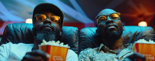 dois homens assistindo filme dentro cinema, comendo Pipoca. foto