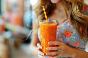 feliz grávida mulher bebendo verde vegetal suco ou batido às lar. foto