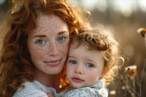 feliz jovem ruiva mãe aguarde dentro mãos bebê. foto