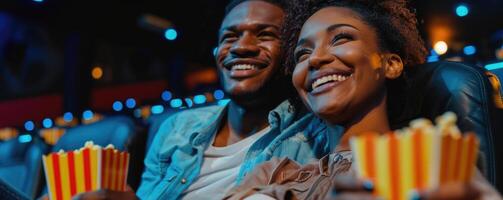 casal rindo enquanto assistindo filme dentro cinema. foto