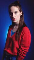 foto do lindo europeu mulher em pé pose com colorida vermelho e azul abstrato luz ,