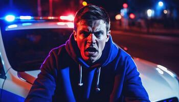 foto do retrato fechar acima Visão do Criminoso suspeito dentro crime cena em pé dentro frente do polícia carro às noite e vermelho azul luz,