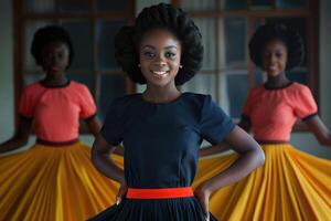 nostálgico retratos Preto indivíduos Década de 1960 cedo década de 1970, com alma essência do jovem mulheres dentro vibrante vestidos, homens entalhe para jazz melodias, a comemorar cultural vibração, resiliência transformativo era. foto