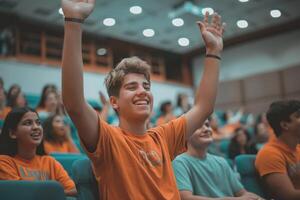 feliz escola alunos, ótimo momentos e recordações, sala de aula, entusiasmo para aprendizado, a comemorar a viagem do Educação preenchidas com riso e amizade. foto