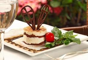 Tiramisu, clássico italiano sobremesa com creme, biscoitos e chocolate pó foto