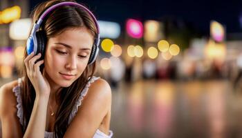 menina ouvindo para música com fones de ouvido dentro urbano noite configuração foto