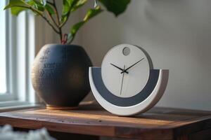 moderno alarme relógio e planta de casa em de cabeceira mesa. foto