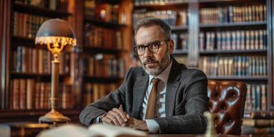 masculino advogado dentro gabinete ou biblioteca. foto