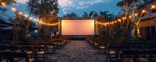 em branco branco tela ao ar livre dentro verde Relva parque. ao ar livre cinema, grande tela mostrar. foto