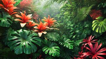 exótico tropical folhas fundo com monstera plantas e laranja flores estético selva ou jardim e uma fechar-se do lindo verde tropical folhagem. ai-generativo foto