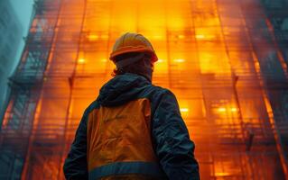 trabalhador é olhando às ampla construção em fogo foto