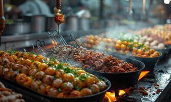 rua comida, grelhado carne e legumes em a grade foto