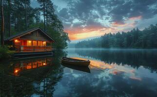 casa de barcos em a lago às pôr do sol foto