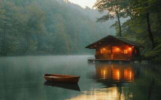 barco e cabine em lago dentro a manhã foto