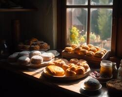 fresco pão e pães em a de madeira mesa e janela com raios solares foto