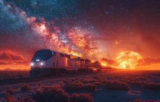 trem viajando em a faixas contra noite céu com estrelas e vermelho planeta foto