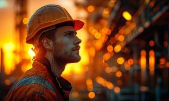 retrato do trabalhador dentro protetora vestuário de trabalho em pé dentro frente do industrial equipamento às pôr do sol foto