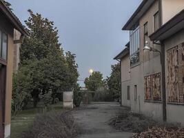 amarelo cheio lua entre pôr do sol edifícios foto