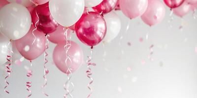 sortido Rosa e branco balões com fitas e confete, celebração e festa decoração tema, ideal para aniversário ou Casamento convite Projeto. ai geração. foto