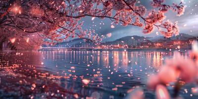 sakura flores com queda pétalas sobre lago às crepúsculo. a luzes do cidade estão refletido dentro água. Primavera pitoresco panorama com Rosa pétalas dentro ar e em superfície do água. ai foto