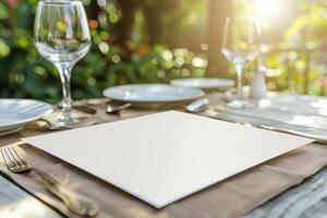 ao ar livre jantar mesa configuração com em branco cardápio, vinho copos, pratos, e talheres em rústico mesa. natural bokeh fundo, jantar al fresco conceito dentro natureza. ai geração foto