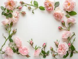 pálido Rosa rosas e pétalas arranjado dentro circular quadro, Armação em branco fundo, romântico floral Projeto com cópia de espaço, topo visualizar. ai geração foto