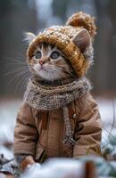 fofa pequeno gatinho vestindo tricotado chapéu e caloroso casaco foto