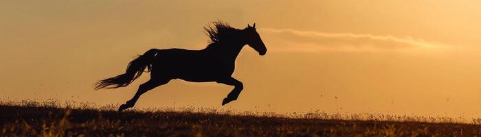 galopando cavalo, uma silhueta do uma cavalo galopando através a aberto campo, juba fluindo dentro a vento foto