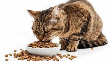 uma gato come seco Comida dentro uma tigela, isolado em branco fundo foto