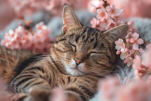 uma gato pacificamente dormindo em uma cobertor adornado com Rosa flores foto