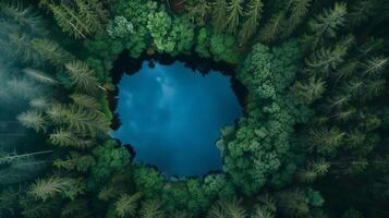 uma lago localizado profundo dentro uma floresta. foto