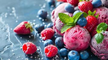 gelo creme bolas bagas e frutas. foto