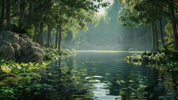 uma lago localizado profundo dentro uma floresta. foto