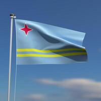 Aruba bandeira é acenando dentro frente do uma azul céu com borrado nuvens dentro a fundo foto