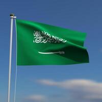 saudita arábia bandeira é acenando dentro frente do uma azul céu com borrado nuvens dentro a fundo foto