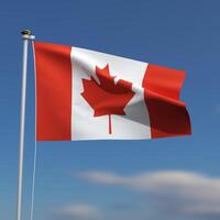 Canadá bandeira é acenando dentro frente do uma azul céu com borrado nuvens dentro a fundo foto