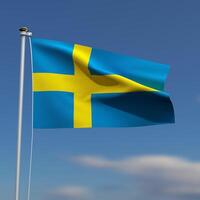 Suécia bandeira é acenando dentro frente do uma azul céu com borrado nuvens dentro a fundo foto