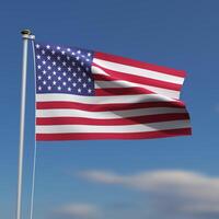 Unidos estados bandeira é acenando dentro frente do uma azul céu com borrado nuvens dentro a fundo foto