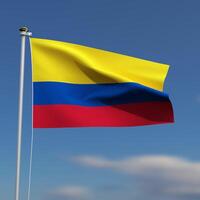 Colômbia bandeira é acenando dentro frente do uma azul céu com borrado nuvens dentro a fundo foto