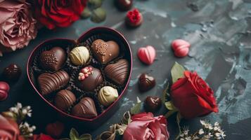 luxo namorados chocolates dentro coração em forma presente caixa e concurso flores foto