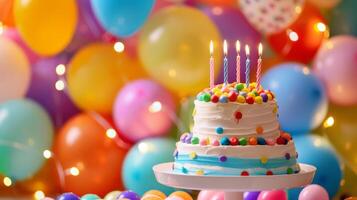 aniversário festa balões, colorida balões fundo e aniversário bolo com velas. foto