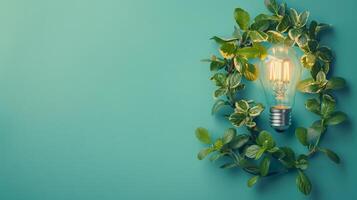 eco amigáveis lâmpada a partir de fresco folhas topo competir, conceito do renovável energia e sustentável vivendo. foto