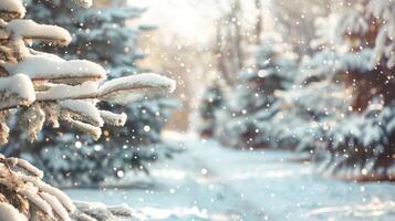 lindo Novo anos branco inverno fundo com coberto de neve abeto árvores dentro a floresta fechar-se e uma caminho entre eles, bokeh e espaço para texto. foto