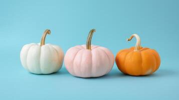 pequeno laranja, branco e Rosa abóboras em pastel azul fundo. foto