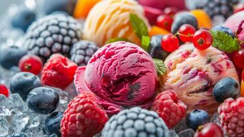 gelo creme bolas bagas e frutas. seletivo foco. foto