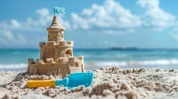 areia castelo em uma de praia com uma brinquedo pá. conceito do família Férias e crianças jogos foto