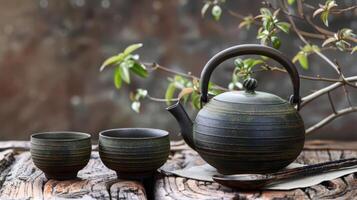 tradicional argila chaleira com plano bule de chá, chá copos e bule de chá, verde japonês chá, Preto ferro ásia chaleira foto
