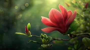 lindo magnólia flor, com grande vermelho pétalas e verde folhas em a galhos, em uma verde fundo foto